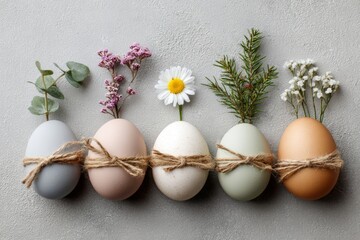 Spring banner with decorated Easter eggs, perfect for seasonal sales and celebrations. Copy space.