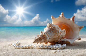 Big tropical seashell with luxury pearl necklace on white sandy beach under bright sun, summer sea banner for holidays, travel and vacation.