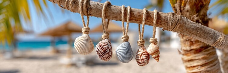 Luxury seashell pendants on silver chains with tropical beach and turquoise ocean background, summer vacation and holiday banner.