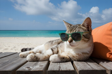 A tabby cat lounges on a wooden bench at a tropical beach, wearing sunglasses and soaking up the sun.