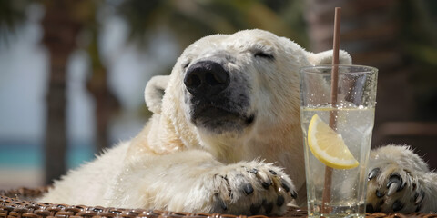 A polar bear rests peacefully beside a refreshing glass of lemonade in a tropical paradise.