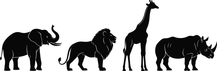 Set of 4 safari animals silhouette elephant lion giraffe and rhino side view standing poses