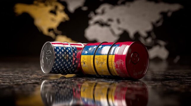 Usa and venezuela oil barrels with world map background