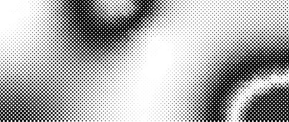 Black and white dots halftone background. Dotted abstract dynamic circles gradient vector texture. Pop art cartoon dot overlay backdrop. Energy, speed, sport and movement concept