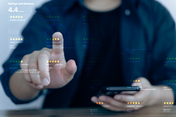 Person interacting with virtual review screen showing multiple star ratings and feedback, illustrating customer experience and digital service evaluation.