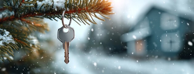 House key hanging on pine branch in snowy winter forest with copy space. Banner for sale and purchase of houses.