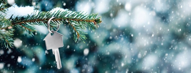 House key hanging on pine branch in snowy winter forest with copy space. Banner for sale and purchase of houses.