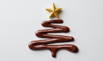 Minimalist Christmas Tree Made of Melted Milk Chocolate with Golden Star Topper on White Background