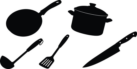 Set of 5 kitchen cookware silhouette frying pan cooking pot ladle spatula and chef knife