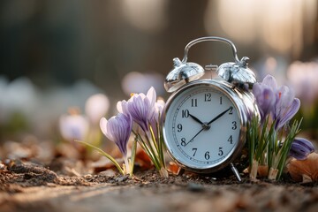 Vintage Pink Alarm Clock in a Garden with Purple Crocus Flowers and Soft Morning Sunlight. Spring concept.