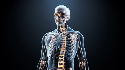 Futuristic cat x-ray digital illustration with glowing blue skeleton on dark background. Veterinary medicine technology and feline anatomy concept art. 