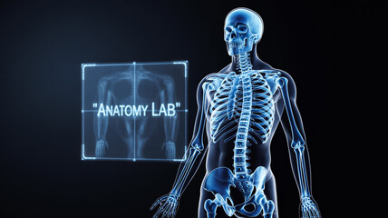 Futuristic cat x-ray digital illustration with glowing blue skeleton on dark background. Veterinary medicine technology and feline anatomy concept art. 