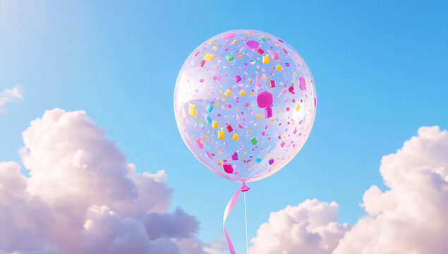 Transparent Balloon with Confetti in a Blue Sky - Powered by Adobe