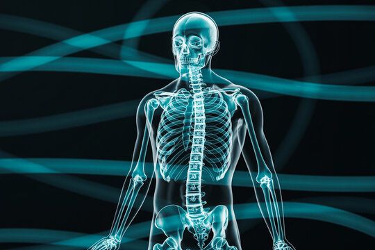Futuristic cat x-ray digital illustration with glowing blue skeleton on dark background. Veterinary medicine technology and feline anatomy concept art. 