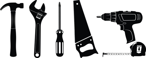 Set of 6 construction tools silhouette hammer wrench screwdriver saw drill and tape measure