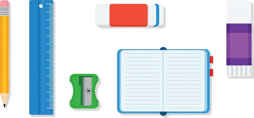 Set of 6 school supplies flat vector pencil ruler eraser sharpener notebook and glue stick