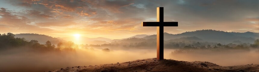 Wooden Cross Silhouette on a Hill with Dramatic Sunrise and Misty Landscape Background