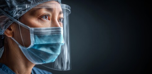 Professional Asian nurse wearing protective face shield and medical mask on dark background. Copy space.