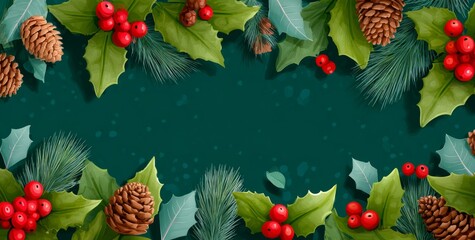 A vibrant winter banner with evergreen decorations as a frame on a green background, perfect for seasonal sales and celebrations. Copy space.
