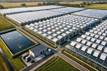 Obraz premium Expansive greenhouses fostering sustainable agriculture in a tranquil rural landscape highlighting innovation in food production and ecosystem management