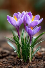 Close-up of Vibrant Purple Crocus Flowers with Golden Yellow Centers on a Natural Earthy Background. Spring concept. 