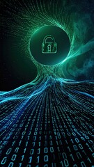 Flowing Binary Code Forming a Secure Lock Symbol