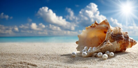 Big tropical seashell with luxury pearl necklace on white sandy beach under bright sun, summer sea banner for holidays, travel and vacation.