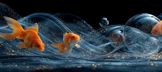 goldfish swimming in transparent bubbles and water flowing in graceful curves on dark background