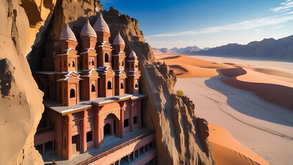 Ancient Cliffside Temple Architecture: Majestic Wooden Pagoda Built Into Desert Canyon Rocks