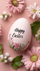 Elegant Decorated Easter Egg with Floral Patterns, Pink Ribbon, and Happy Easter Text