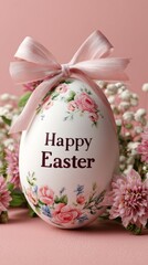 Elegant Decorated Easter Egg with Floral Patterns, Pink Ribbon, and Happy Easter Text