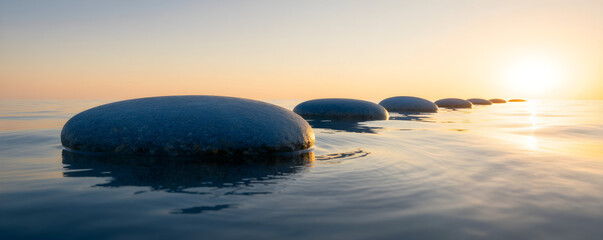 Serene landscape photograph featuring smooth blue pebbles reflected in calm waters at sunset