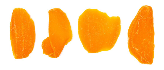 Candied mango slices set isolated on white background, top view