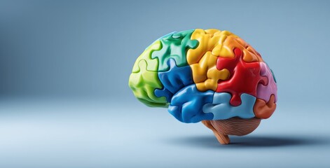 Conceptual 3D rendering of a human brain formed by colorful puzzle pieces on a blue background. The complexity of the human mind.