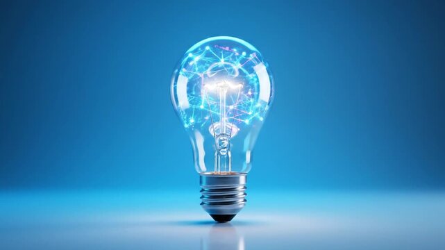 ultra realistic 3d animation single transparent glass light bulb standing upright on reflective surface glowing neon network lines and nodes inside bulb forming complex digital web cyan blue and magen