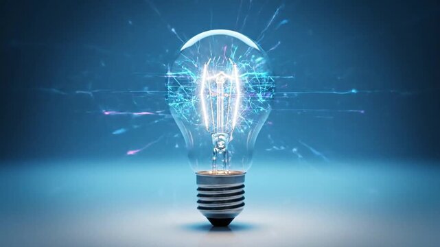 cinematic ultra realistic 3d light bulb animation transparent glass bulb on reflective surface interior glowing digital network lines cyan blue magenta pink connections pulsing gently data flow neural