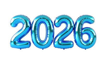 Vibrant Blue Metallic Balloons Forming The Year 2026 Against A Transparent Background