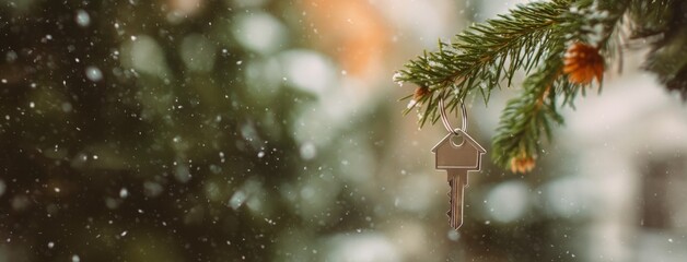 House key hanging on pine branch in snowy winter forest with copy space. Banner for sale and purchase of houses.
