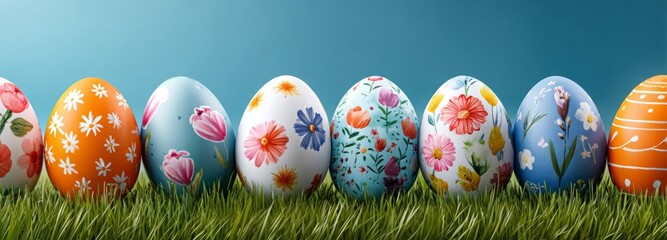 Vibrant spring banner with pastel Easter eggs decorated with flowers on a turquoise background, perfect for seasonal sales and celebrations. Copy space.