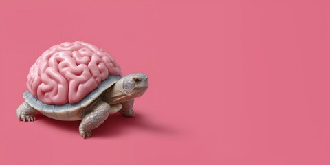 Surreal concept of a turtle with a pink brain shell on a minimalistic pink background, slow to grasp. Copy space.