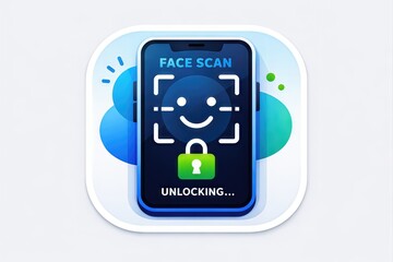 Mobile device displaying facial recognition technology with scan interface green lock symbol signifying security and technology innovation in a sleek digital environment