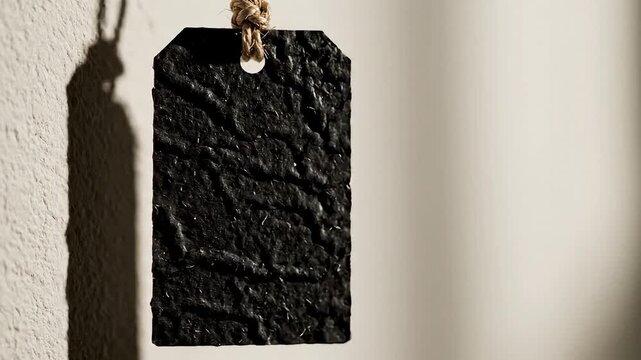 A black textured tag hangs from a rope against a textured white wall with shadows