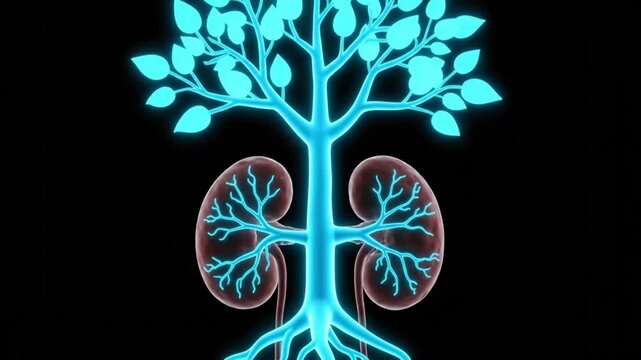 A neon illustration of a tree with kidney-shaped roots against a dark background viewed from the front.