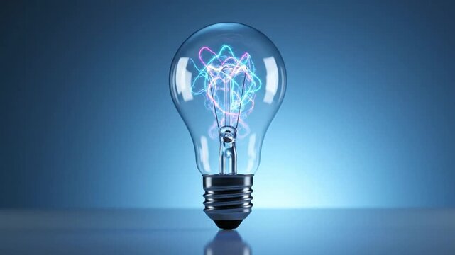 professional cinematic 3d render transparent light bulb upright reflective surface glowing digital neural network inside cyan blue magenta pink luminous lines pulsing gently visible filament clean gla