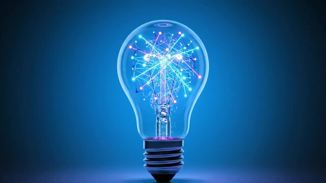 ultra realistic futuristic light bulb animation clear glass bulb with glowing neon digital network inside thin intersecting lines nodes cyan blue magenta pink pulses data flow neural visualization ref