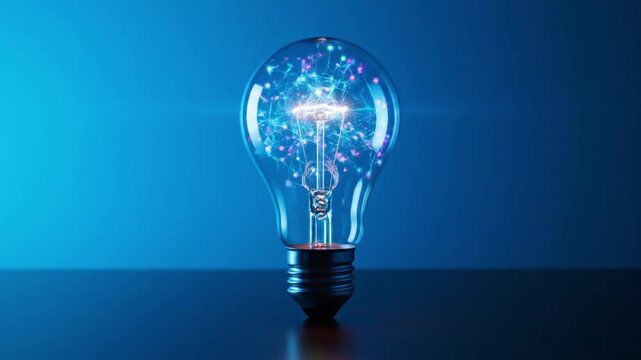 cinematic high tech 3d animation transparent glass light bulb standing centered on reflective surface internal digital network glowing cyan blue and magenta pink softly pulsing lines nodes neural data