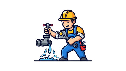 Cartoon Plumber Fixing a Leaky Faucet with Wrench.