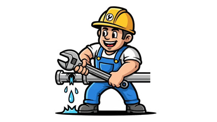 Cartoon Plumber Fixing Leaky Pipe with Wrench.