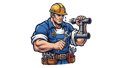 Fototapeta premium Cartoon Plumber Fixing Pipe with Wrench and Wearing Hardhat.