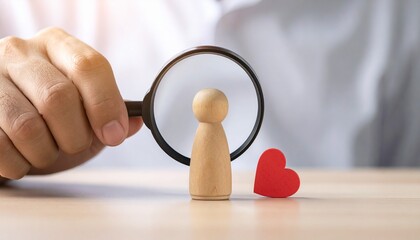 Fototapeta premium A person is observing a wooden figurine and a red heart through a magnifying glass